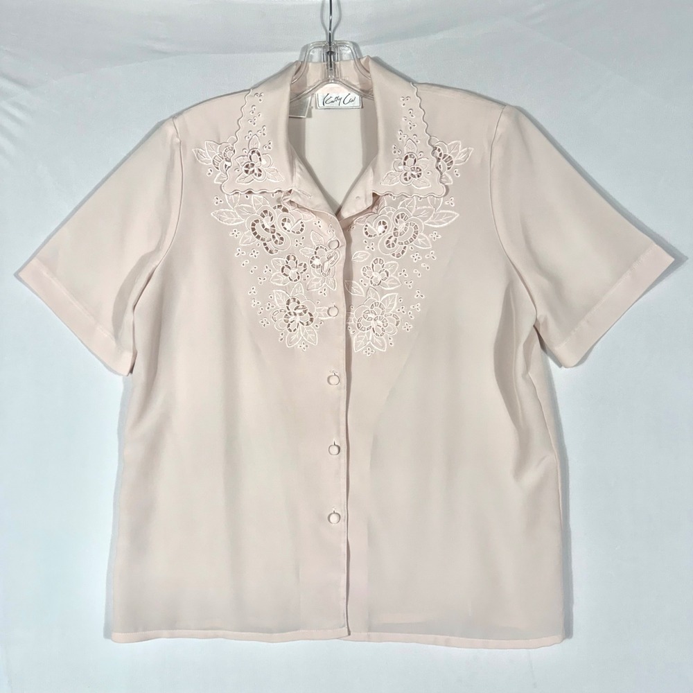 Vtg 90 Y2K Floral Embroidered Blouse Top M/L Pink Cutout Eyelet Coquette Cottage
